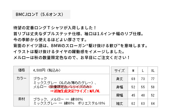 ロングTシャツ説明・仕様・サイズ表